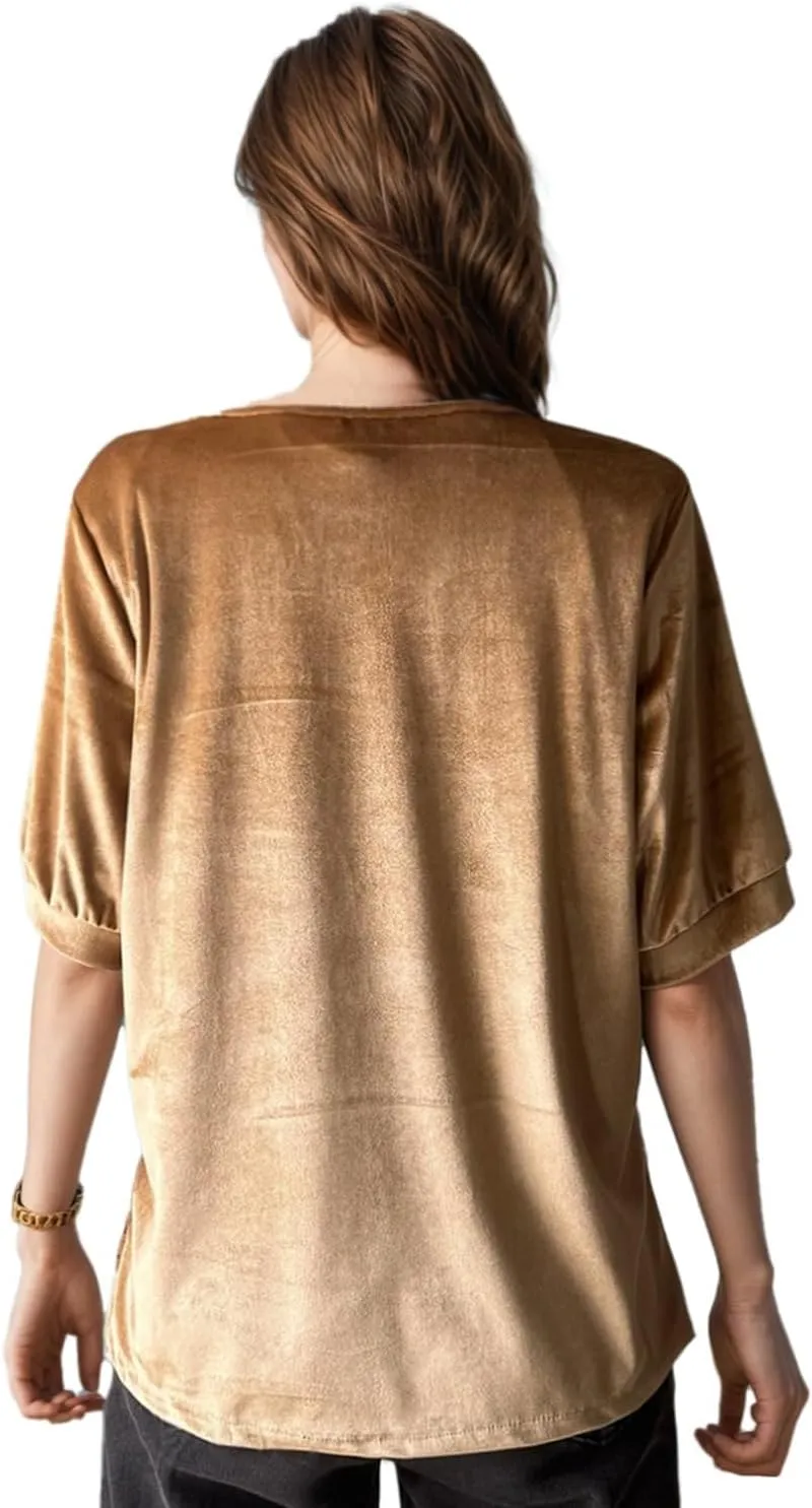 Ypser Womens Sequin Velvet Tops Glitter V-Neck Short Sleeve Blouse Evening Shirts Outfits