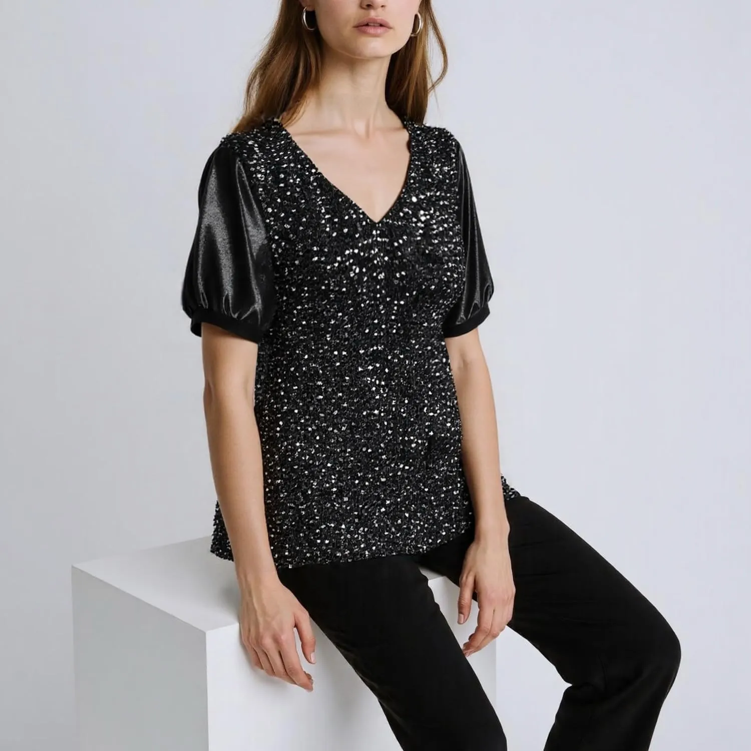 Ypser Womens Sequin Velvet Tops Glitter V-Neck Short Sleeve Blouse Evening Shirts Outfits
