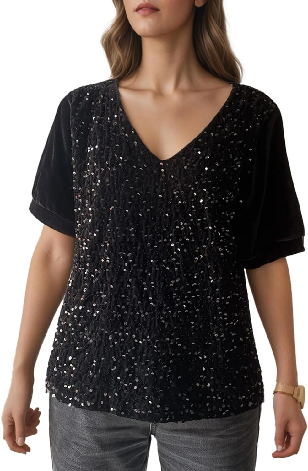 Ypser Womens Sequin Velvet Tops Glitter V-Neck Short Sleeve Blouse Evening Shirts Outfits