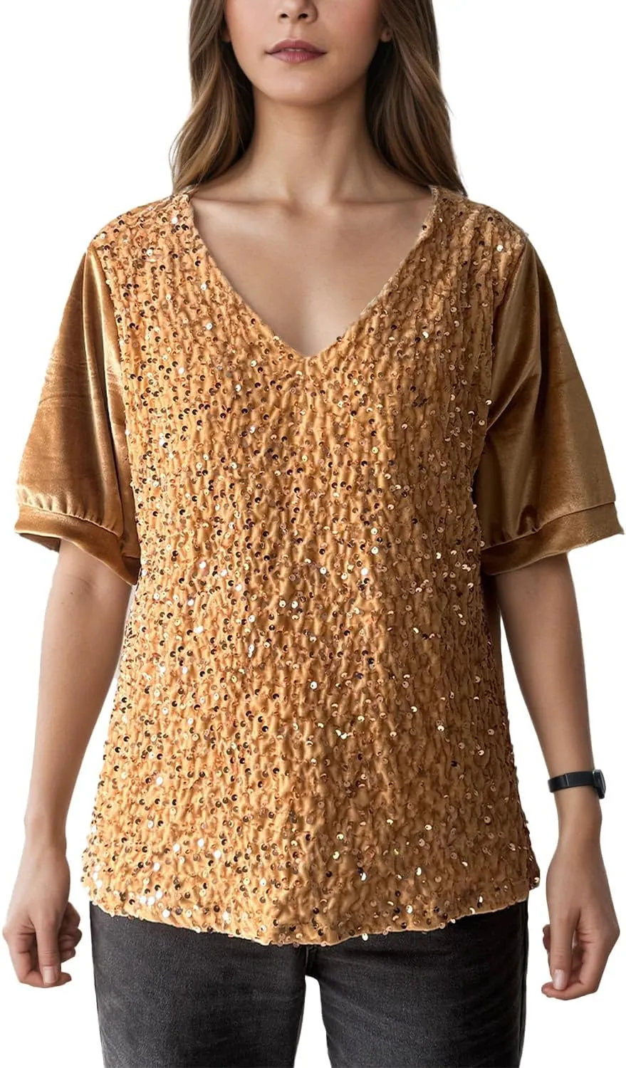 Ypser Womens Sequin Velvet Tops Glitter V-Neck Short Sleeve Blouse Evening Shirts Outfits