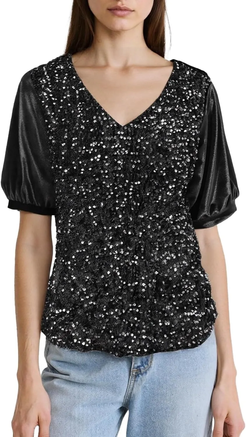 Ypser Womens Sequin Velvet Tops Glitter V-Neck Short Sleeve Blouse Evening Shirts Outfits