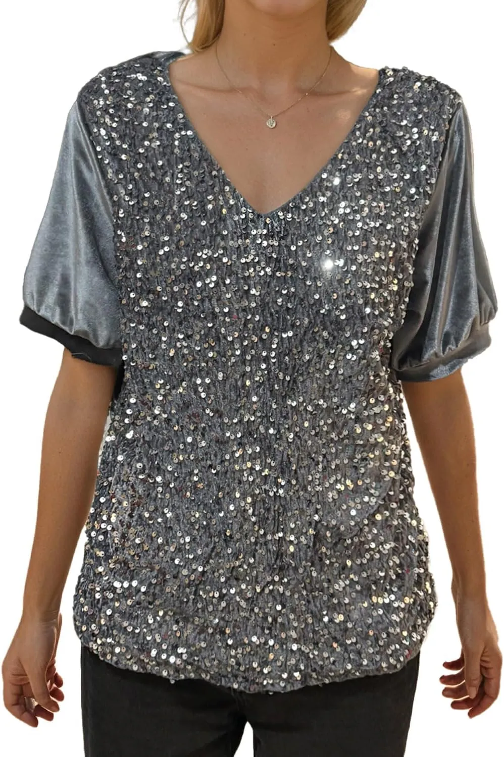 Ypser Womens Sequin Velvet Tops Glitter V-Neck Short Sleeve Blouse Evening Shirts Outfits