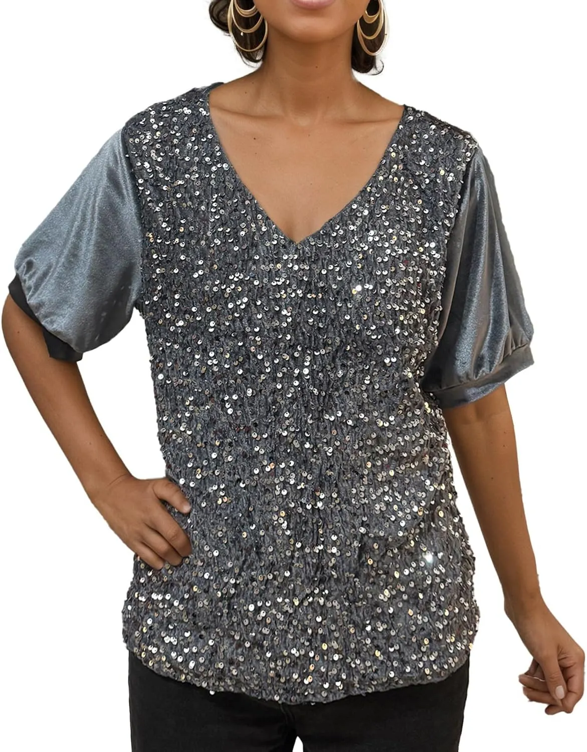 Ypser Womens Sequin Velvet Tops Glitter V-Neck Short Sleeve Blouse Evening Shirts Outfits
