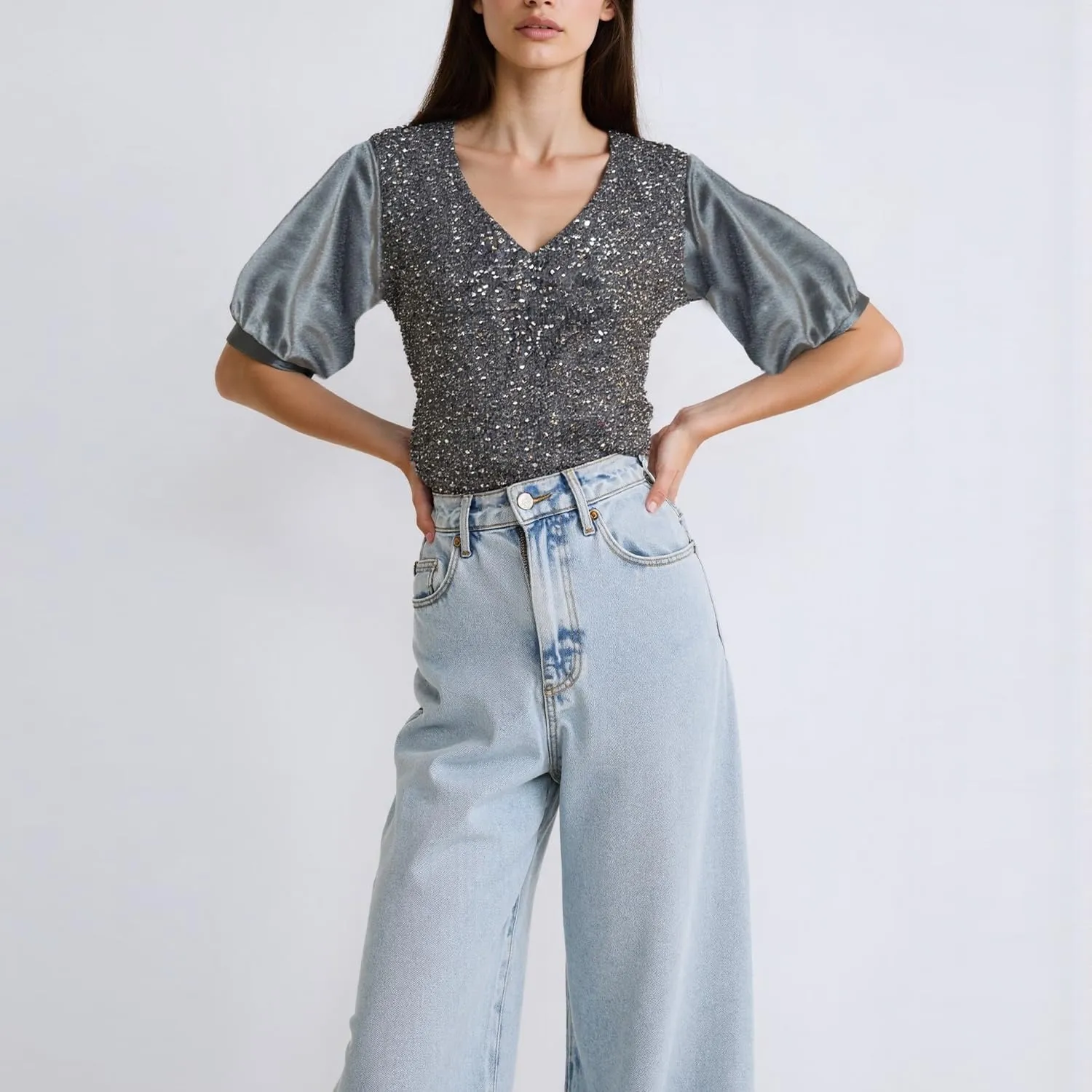 Ypser Womens Sequin Velvet Tops Glitter V-Neck Short Sleeve Blouse Evening Shirts Outfits