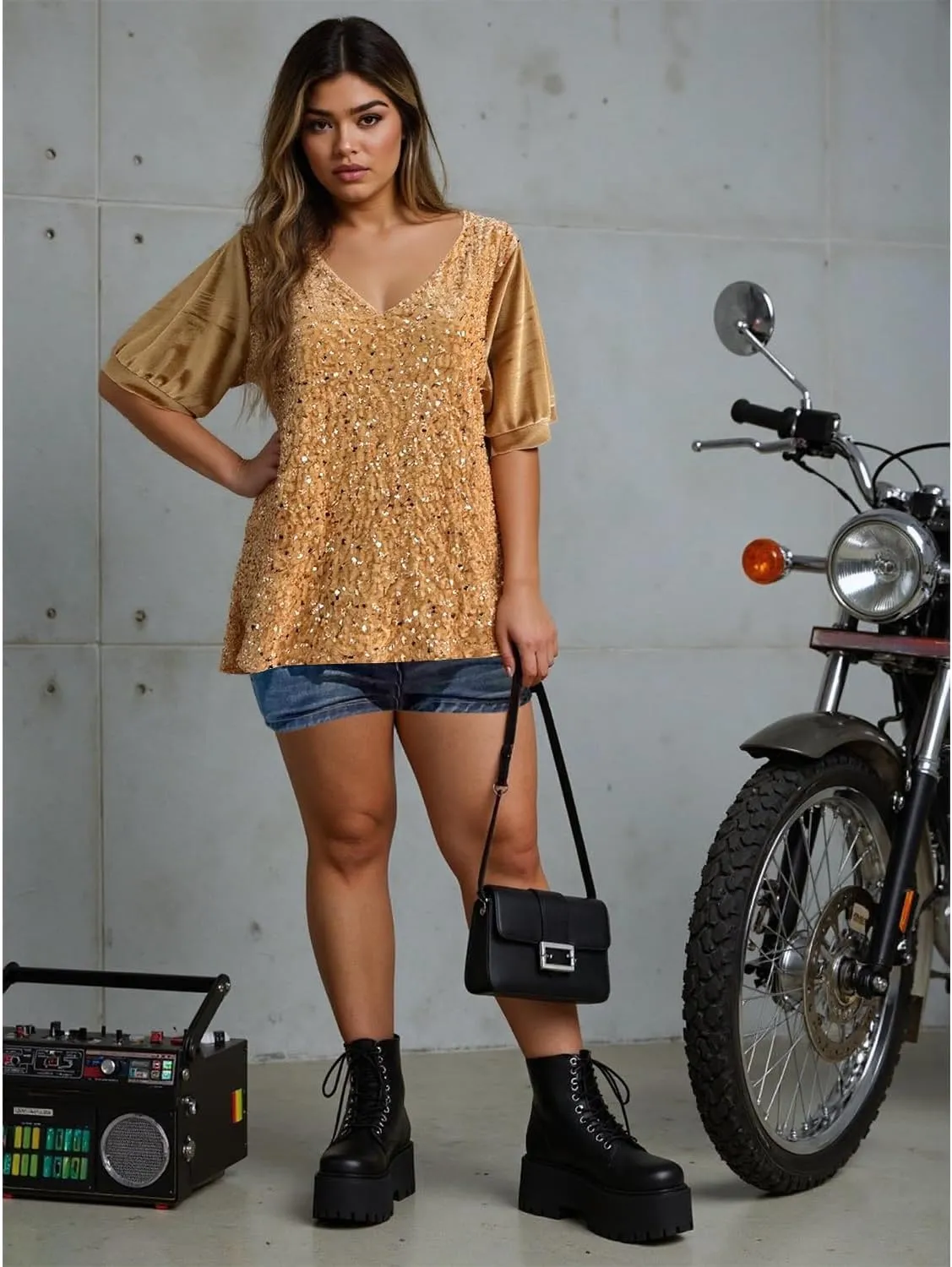Ypser Womens Sequin Velvet Tops Glitter V-Neck Short Sleeve Blouse Evening Shirts Outfits