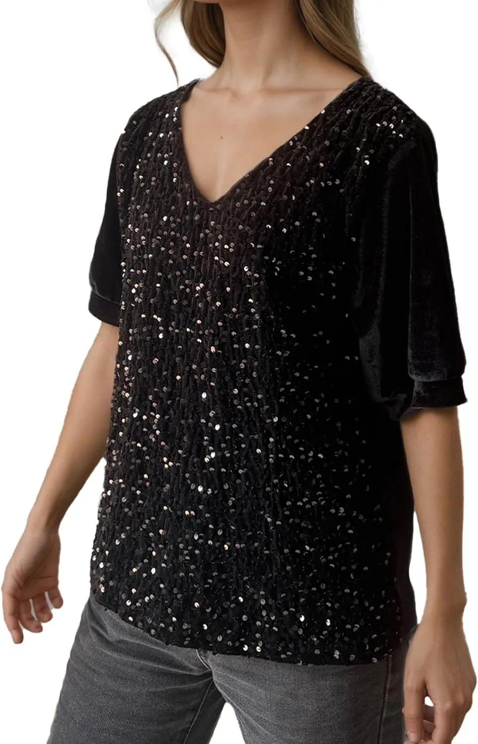 Ypser Womens Sequin Velvet Tops Glitter V-Neck Short Sleeve Blouse Evening Shirts Outfits